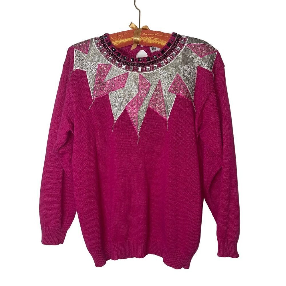 Victoria Harbour Vintage Womens Sweater Size Large Pink Beaded Cotton Ramie